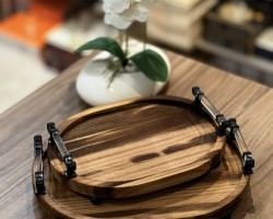 طقم صواني تقديم - مضايف هندي خشب  مكحل بيضاوي قطعتين