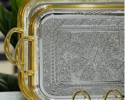 طقم صواني تفضيل ستانليس ثقيل مع حيف ذهبي - قطعتين