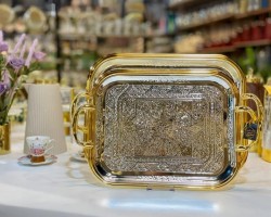 طقم صواني تفضيل ستانليس ثقيل مع حيف ذهبي - قطعتين