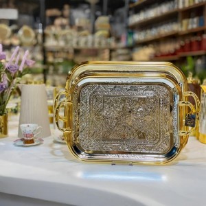 طقم صواني تفضيل ستانليس ثقيل مع حيف ذهبي - قطعتين