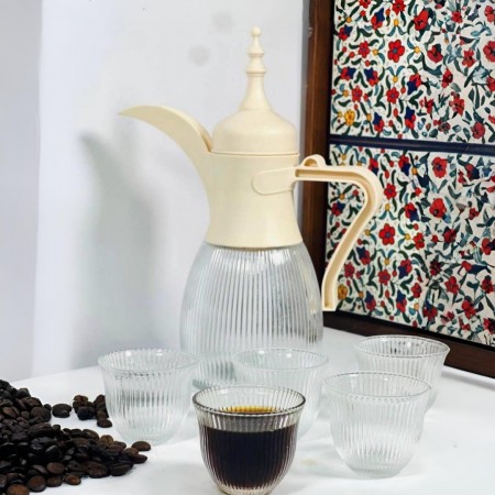 طقم بكرج قهوة / شاي زجاج محزز مع 6 فناجين سادة بيج