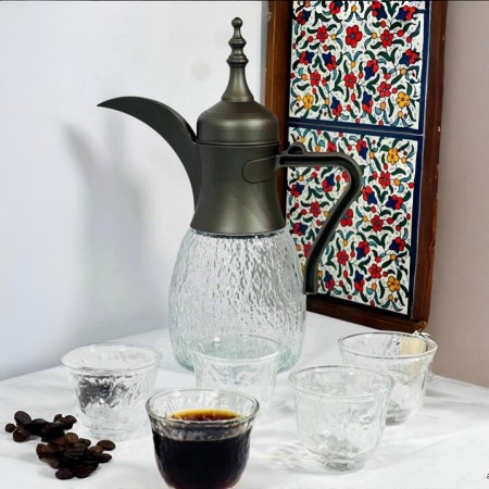 طقم بكرج قهوة / شاي زجاج مبزر مع 6 فناجين سادة اسود