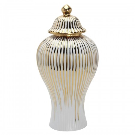 مزهرية بورسلان ابيض محزز ذهبي 45 سم مع غطاء مزهرية بورسلان ابيض محزز ذهبي 45 سم مع غطاء