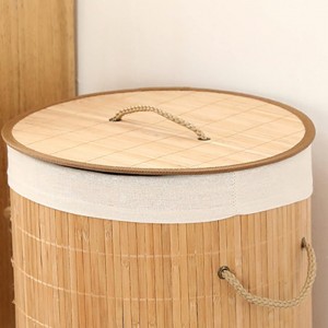 سله غسيل خشب بامبو مع يدين حبل مجدول - مدور
