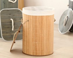 سله غسيل خشب بامبو مع يدين حبل مجدول - مدور