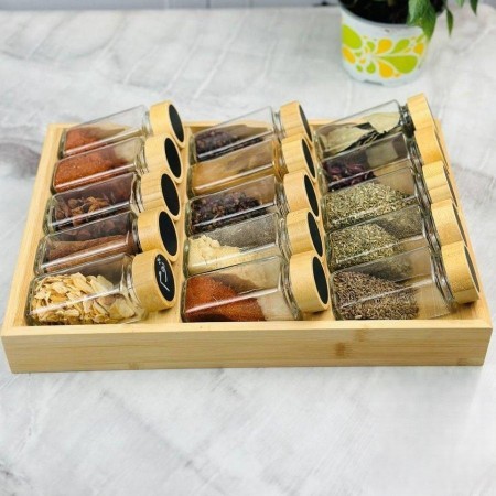 طقم علب بهارات / مرطبانات زجاج مع ستاند خشب بامبو 3 درجات 