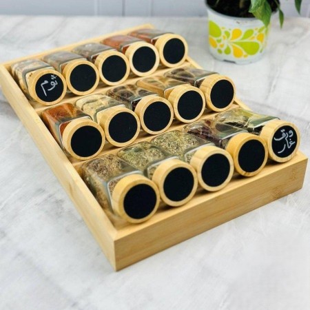 طقم علب بهارات / مرطبانات زجاج مع ستاند خشب بامبو 3 درجات 