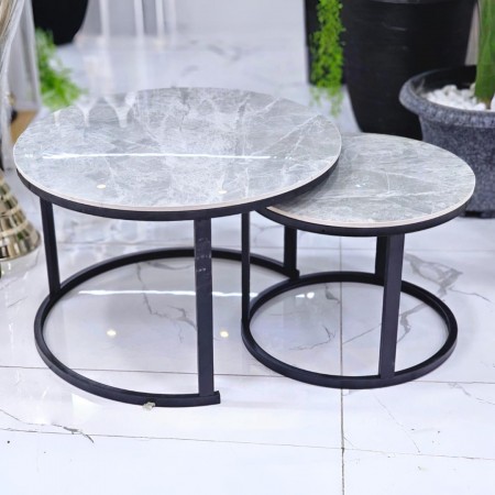 طقم طاولات وسط مدور عمدان معدن وجه رخام - شايش ماربل ملون متداخل قطعتين