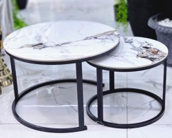 طقم طاولات وسط مدور عمدان معدن وجه رخام - شايش ماربل ملون متداخل قطعتين