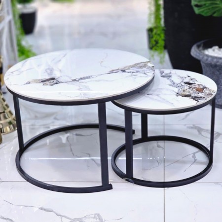 طقم طاولات وسط مدور عمدان معدن وجه رخام - شايش ماربل ملون متداخل قطعتين طقم طاولات وسط مدور عمدان معدن وجه رخام - شايش ماربل ملون متداخل قطعتين