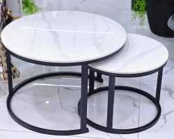 طقم طاولات وسط مدور عمدان معدن وجه رخام - شايش ماربل ملون متداخل قطعتين طقم طاولات وسط مدور عمدان معدن وجه رخام - شايش ماربل ملون متداخل قطعتين