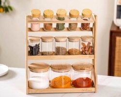 طقم ستاند بهار خشب مطربان زجاج غطا بامبو 13 قطعة Canister set H3385-130 