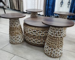 طقم طاولة وسط مدور مع 4 اسكملات مخروط صنارة نسيج قش مجدول