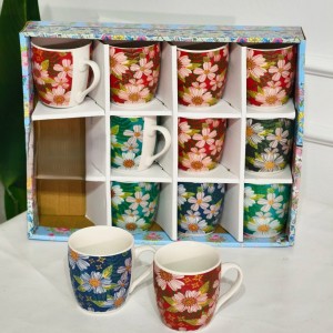 طقم كاسات ماغ بورسلان 12 قطعة ابيض مرسم ورد N15-11