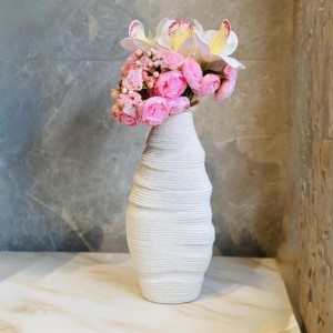 فازة بوهيمي - حامل ورد ابيض مزهرية محزز حلقات شكل جرة تحفة جبص