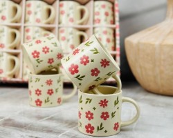 طقم كاسات ماج سيراميك مع يد مورد  12كاسة