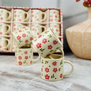 طقم كاسات ماج سيراميك مع يد مورد  12كاسة