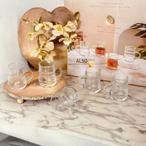 طقم كاسات شاي ماج زجاج محزز قاعدة مدور يد خاتم 12 قطعة