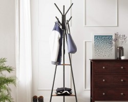 شماعة ستاند علاقة ملابس مع رف2 خشب مثلث حديد اسود